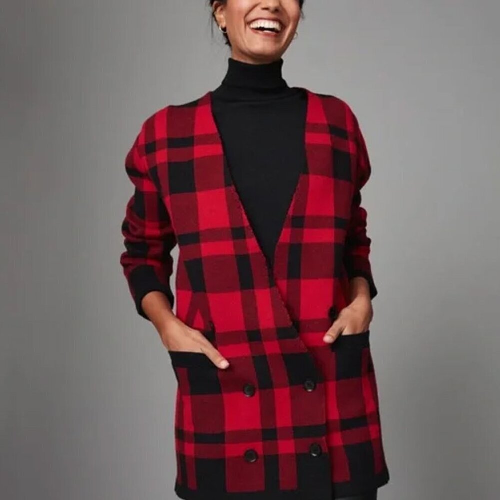 NEW UntuckIt Chloe Red Black Plaid Blazer Sweater Size L